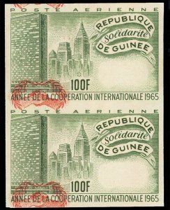 Guinee #C75var, 1965 ICY, 100f imperf. trial color proof in green and orange,...