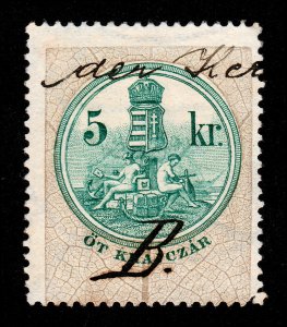 HUNGARY 1868 DOCUMENT REVENUE STAMP 5KR (ÖT KRAJCZÁR) USED PEN CANCEL