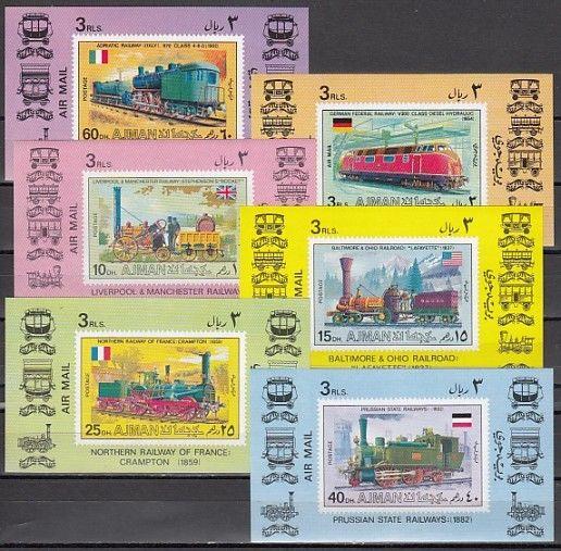 Ajman, Mi cat. 1197-1202 C. Locomotives issue as s/sheets.