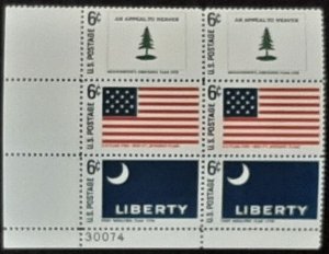 US Scott # 1345-1347; 6c  Flags from 1968; MNH, og; plate Block of 6VFcentering