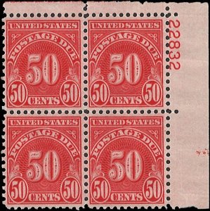 Scott # J86 1931 50c ver  Numeral  Plate Block - Upper Right - Mint 