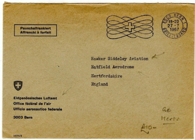 SWITZERLAND Cover Bern *Office of Civil Aviation* HAWKER SIDDELEY GB 1957 PE70