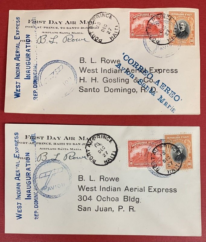 Haiti, 1927, Two West Indian Aerial Express Covers, Signed by Pilot B.L. Rowe