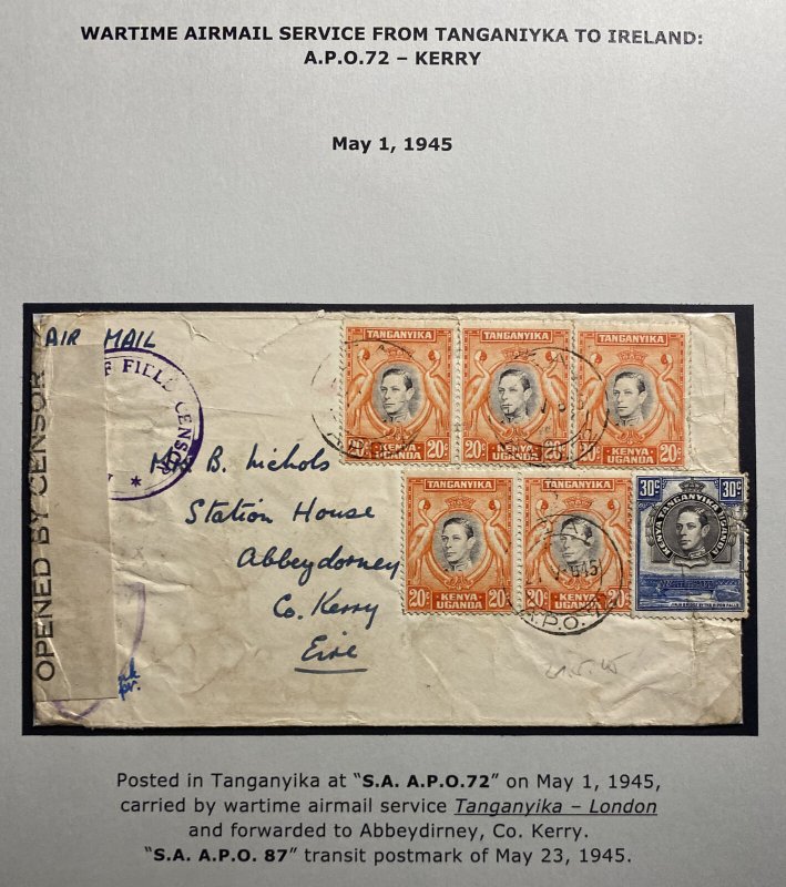 1945 Tanganyika Army Post Office Censored Airmail Cover to Kerry Ireland 