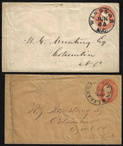 US 1850s TWO NEAT CANCELLED COVER ELIZABETHVILLE COUNTY NC & WIDSOR NC ONE POSTA