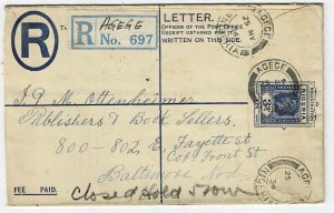 Nigeria 1934 Agege cancel on registry envelope to the U.S.