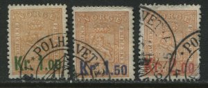 Norway 1905 1,1.50 and 2 kroner overprinted on 2 skilling oranges used