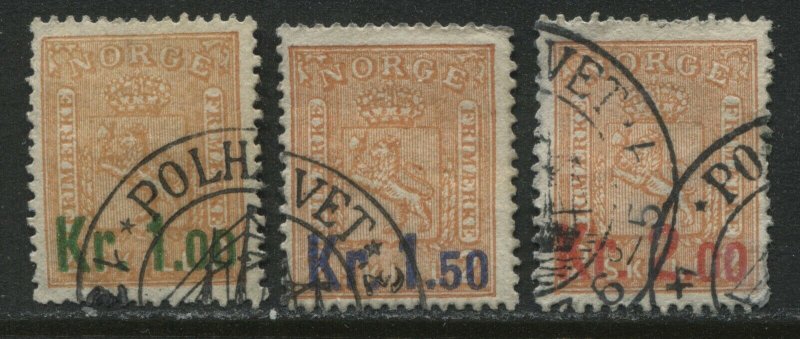 Norway 1905 1,1.50 and 2 kroner overprinted on 2 skilling oranges used