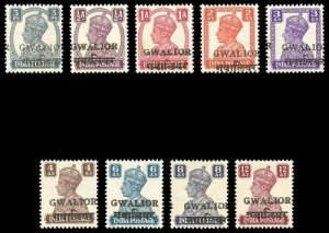 India-Gwalior 1949 KGVI complete set all MNH except top value (12a). SG 129-137.