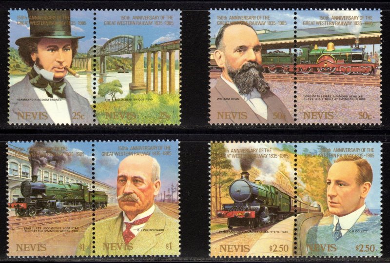 Nevis 1985 Sc#438/441 RAILWAY ENGINEERS/LOCOMOTIVES 4 Pairs (8v) MNH