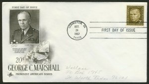 #1289 20c George C Marshall, Art Craft-Hand Cancel FDC **ANY 5=FREE SHIPPING**