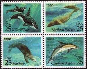 SC#2508-11 25¢ Creatures of the Sea Block of Four (1990) MNH