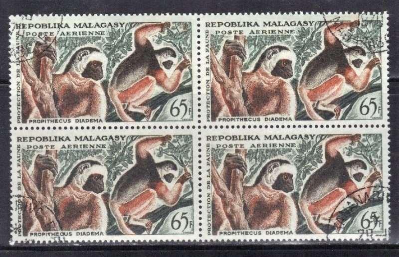 MALAGASY SCOTT #C67  1961 CTO BLOCK OF 4 MONKEYS  SEE SCAN