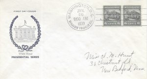 1939 Prexie Coil FDC, #844, 4-1/2c White House, Fidelity, pair