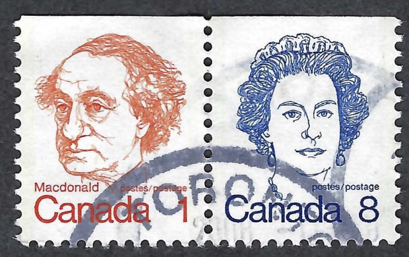 Canada #586as/593xii 1¢ & 8¢ John A. Macdonald & Queen Elizabeth (1974). Used.