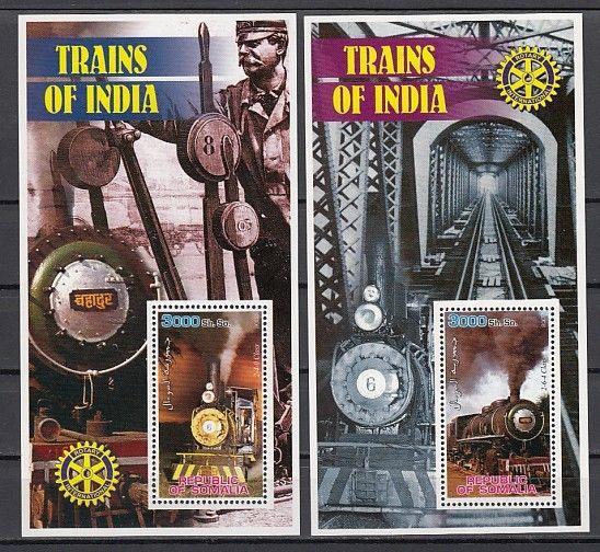 Somalia, 2002 Cinderella issue. Trains of India on 2 s/sheets. Rotary logo.