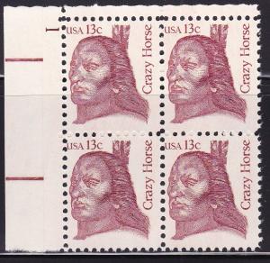 United States 1980 Great Americans 13c Crazy Horse Plate Number Block VF/NH