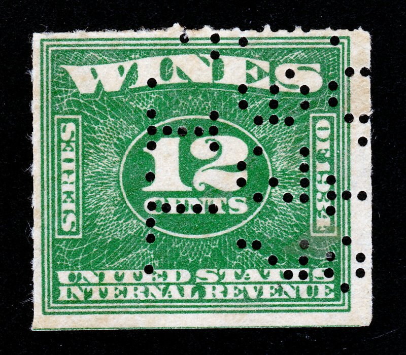 U.S. REVENUE WINE STAMP 12¢ SCOTT #RE96 SERIES OF 1934-1940 PERFIN CANCEL