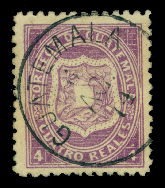 GUATEMALA 1873 Coat of Arms  4r dull violet  Sc# 5 used XF  GUATEMALA 6.AGO.74