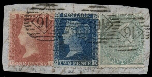 GREAT BRITAIN 1850's Tri-color franking on small piece, incl. #28, used