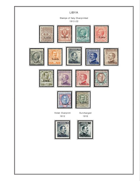 COLOR PRINTED ITALIAN LIBYA 1912-1942 STAMP ALBUM PAGES (24 illustrated pages)