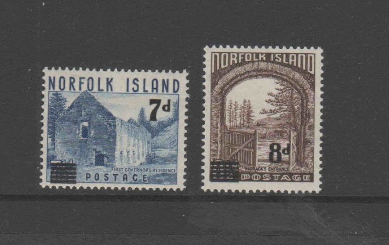 NORFOLK ISLAND #21-22  1958  WARDERS TOWER SURCHARGED NEW VALUES MINT VF NH  O.G