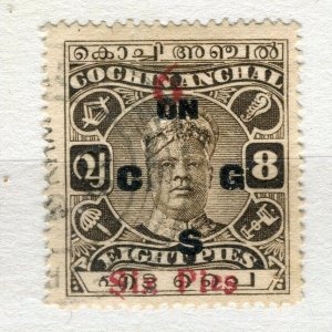 COCHIN; 1930s early SIX PIES surcharged issue 6/8p. used value