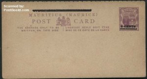Mauritius 1898, Postcard 2 CENTS on 6c, bar=57mm, Unused Postal Stationery