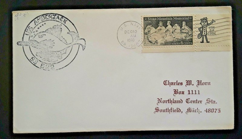 1970 USS Amberjack SS 522 To Southfield Michigan Illustrated Cover