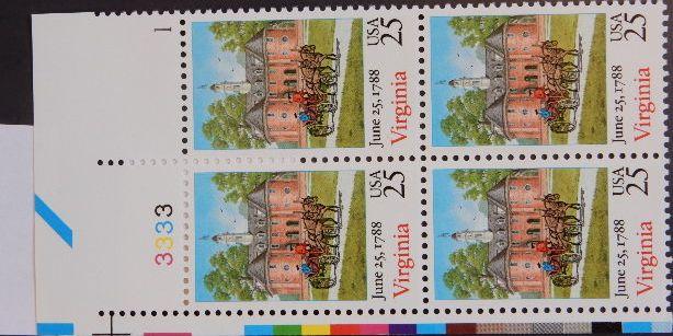 2345 25c VA Statehood Bicentennial, Plate Block