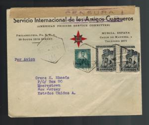 1938 Murcia Spain Civil War Censored AFSC  Cover to USA 