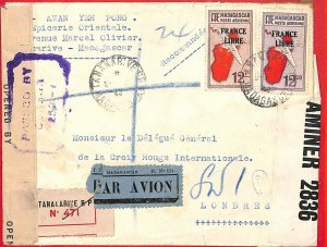 aa4647 - MADAGASCAR - POSTAL HISTORY - Registered AIRMAIL COVER to UK 1943-