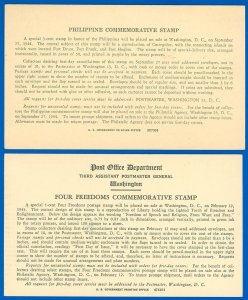 1943-4 DC PO DIV of STAMPS OB Notice PC, ISSUE of 4 FREEDOMS & PHILLIPINE STAMPS