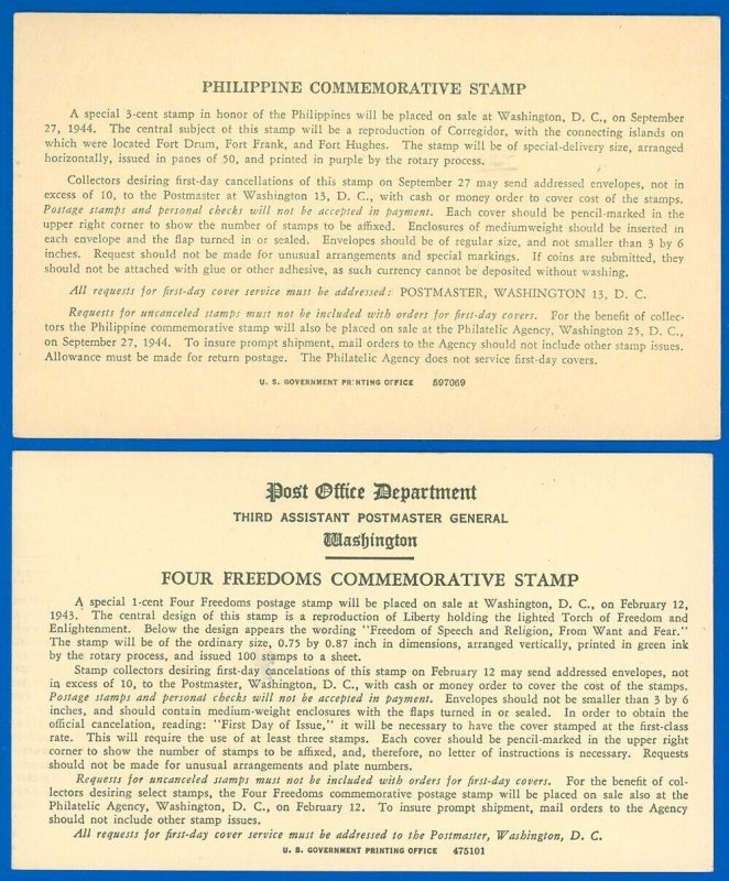 1943-4 DC PO DIV of STAMPS OB Notice PC, ISSUE of 4 FREEDOMS & PHILLIPINE STAMPS