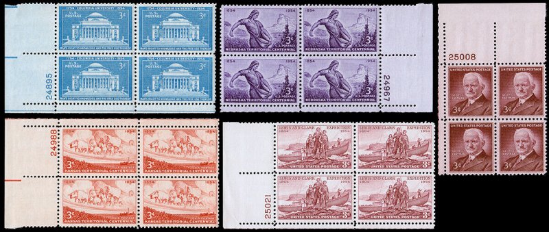 United States Plate Blocks Scott 1029, 1060-1063 (1954) Mint NH VF, CV $5.50 W