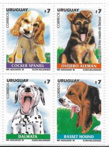 URUGUAY 1999, DOGS, FAUNA, PETS, BLOCK OF 4 VALUES, MNH SCOTT 1810