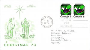 Canada 1973 FDC - Christmas Cover  Rosecraft Cachet - Ottawa Ont - Pair - F78887