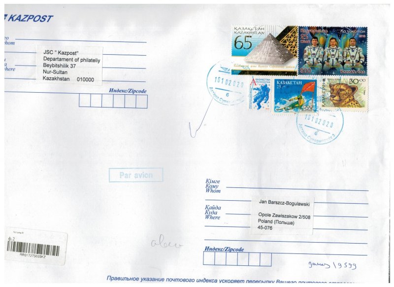 Kazakhstan 2020 Registered Cover to Poland Stamps Space Astronauts Olympics Spor