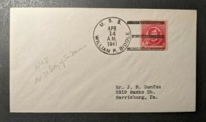 1941 USS William P Biddle Navy Cover to Harrisburg PA Ship Cancel