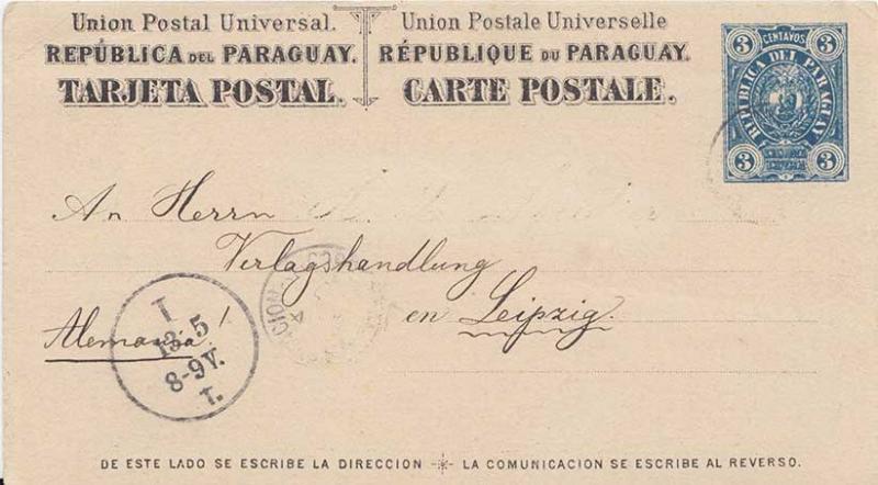 Paraguay 3c Coat of Arms Postal Card c1885 Asuncion to Leipzig, Germany.  Add...