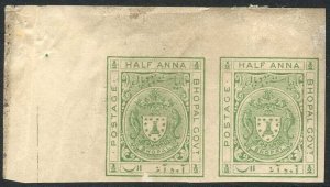 Bhopal SGO314 1932 1/2a Yellow-green IMPERF Opt SERVICE OMITTED PLATE PROOF