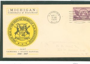US 775 1935 3c Michigan Centennial (single) on an addressed FDC with a Linprint Cachet