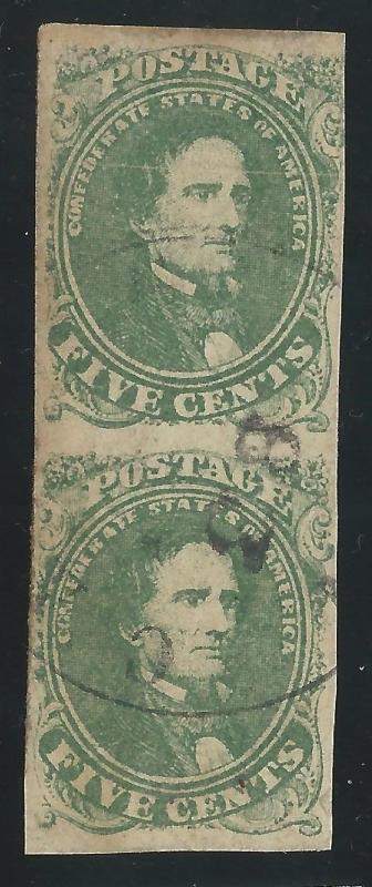 CSA Scott #1 Stone 2 Pos 19, 29 Used Vert Pair of Confederate Stamps Balloon CDS