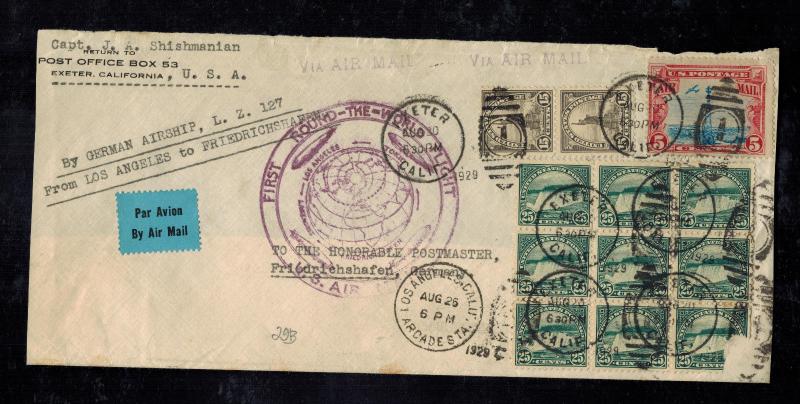 1929 Exeter CA USA LZ 127 Graf Zeppelin cover Around the World Flight to Germany