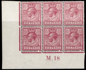 GB GV SG385 SPEC N26(4) 6d pale red-pur M MINT Cat £180+ CONTROL M.18 BLOCK of 6