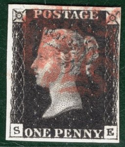 GB PENNY INTENSE BLACK 1840 QV SG.1 1d Plate 5 (SE) *BLEUTE PAPER* Used  BRRED75