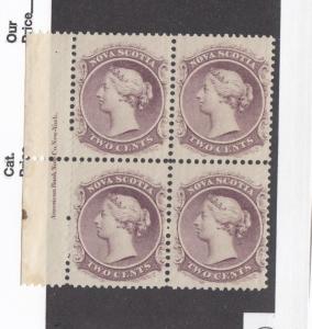 NOVA SCOTIA # 9 PART INSCRIPTION MNH BLOCK OF 4 2cts LILAC CAT VALUE $160