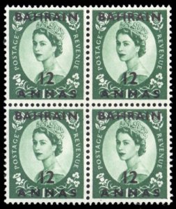 Bahrain #102 Cat$31, 1956 12a on 1sh6p dark green, block of four, never hinged