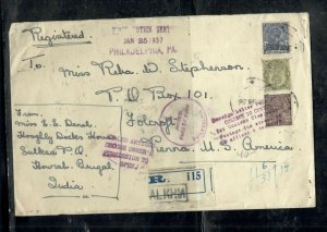 INDIA COVER (P2006B) KGV 1937 1A+4A+3A 6P REG COVER TO USA WITH POSTAL MARKINGS 