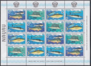 NAURU Sc # 443a-d.1 CPL MNH SHEET of 4 SETS FISH, WORLD WILDLIFE FUND